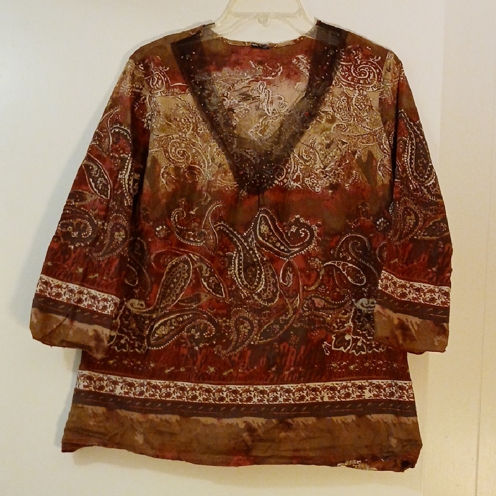 Bohemian Paisley V-Neck Women's Tunic 3/4 Sleeve, Beading.
